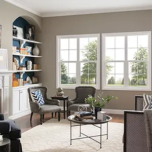 Living room with white-framed window